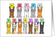 Happy Diwali Cute Cartroon Cats Holding Cards with Letters On card