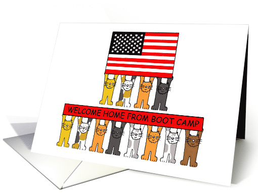 Welcome Home from Boot Camp Cartoon Cats and USA Flag card (1334152)