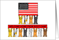 Welcome Home from Boot Camp Cartoon Cats and USA Flag card
