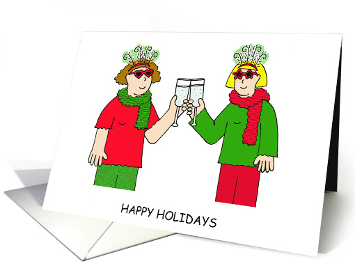 Happy Holidays to Lesbian Wife Funky Festive Cartoon Couple card