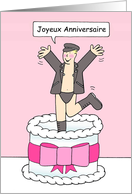 French Joyeux Anniversaire Cartoon Gay Man Leaping Out of a Cake card