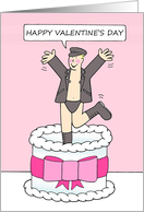 Gay Male Valentine Cartoon Sexy Man Jumping Out of a Cake card