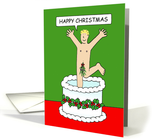 Cartoon Naked Man Wearing Mistletoe Jumping Out of a Cake at Xmas card