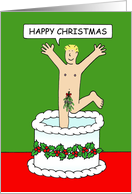 Cartoon Naked Man Wearing Mistletoe Jumping Out of a Cake at Xmas card