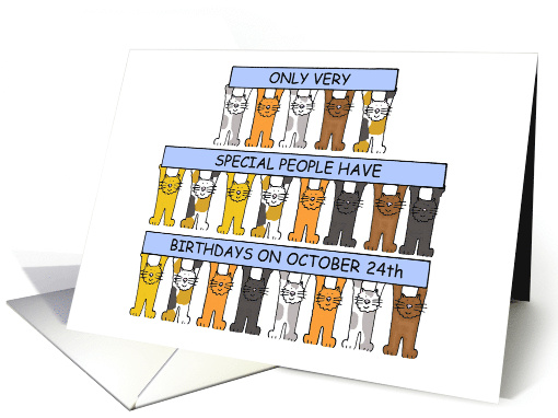 October 24th Birthday Cute Cartoon Cats with Holding Up Banners card