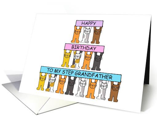 Step Grandfather Happy Birthday Cartoon Cats Holding Banners card