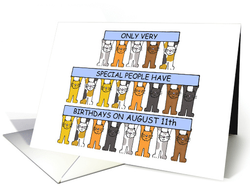 August 11th Birthday Cute Cartoon Cats Holding Up Banners card