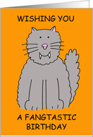 Happy Halloween Birthday Smiling Grey Cartoon Cat with Fangs card