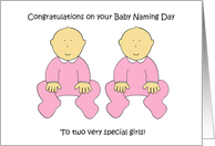 Twin Girls Naming Day Congratulations Cartoon Babies card
