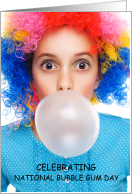 National Bubble Gum Day Lady in Clown Wig Blowing Gum Fundraiser card