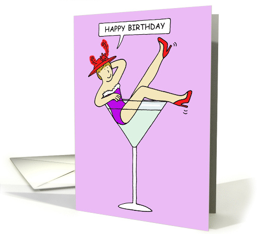 Lady In Red Hat Birthday Cocktail Glass Cartoon Humor card (1425212)