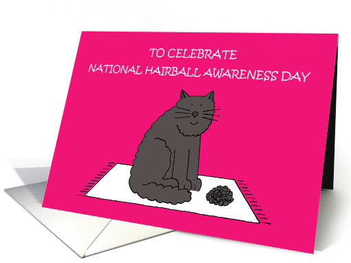 National Hairball Awareness Day Cartoon Black Cat on a Mat card