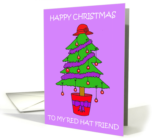 Red Hat Friend Happy Christmas Cartoon Tree with Hat and Baubles card