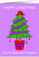 Red Hat Friend Happy Christmas Cartoon Tree with Hat and Baubles card