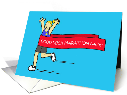 Good Luck Marathon Lady Cartoon Humor Running Through a Banner card