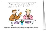 First Date Anniversary Cartoon Humor Couple with a 2 for 1 Voucher card