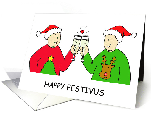 Happy Festivus Gay Male Couple in Santa Hats and Festive Sweaters card