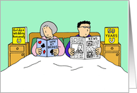 50th Wedding Anniversary Cartoon Couple in Bed Bridge and Newspaper card