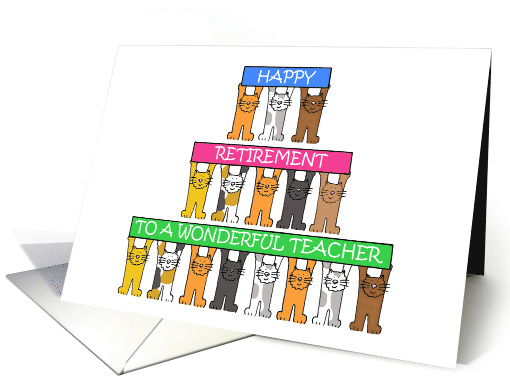 Happy Retirement Teacher Cute Cartoon Cats Holding Up Banners card