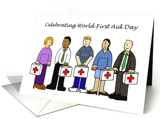 World First Aid Day Cartoon Group of People with First Aid Cases card