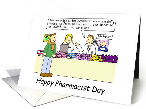 Happy Pharmacist Day October Cartoon Humor Customer and Staff card