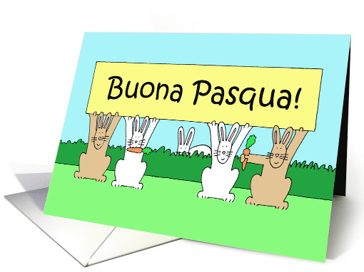Italian Happy Easter Buona Pasqua Fun Cartoon Bunnies in a Field card