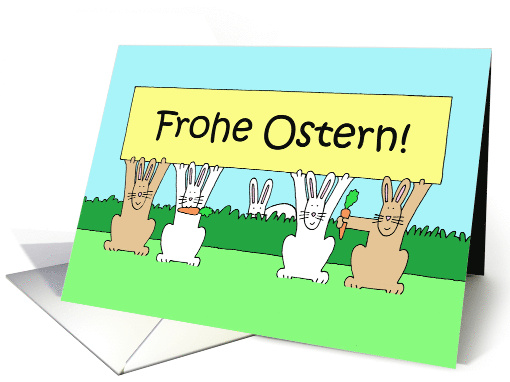 German Happy Easter Frohe Ostern Cartoon Bunnies with a Banner card