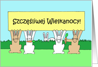 Polish Happy Easter Cartoon Bunnies in a Field Holding a Banner Up card