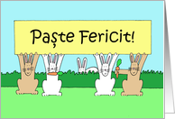 Romanian Happy Easter Cartoon Bunnies with Carrots in a Field card