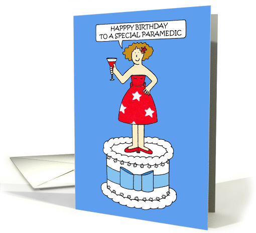 Happy Birthday Paramedic Cute Lady Standing on a Giant Cake card