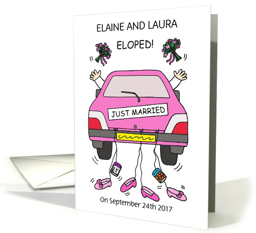 Lesbian Elopement Announcement Cartoon Pink Car and Brides card