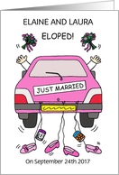 Lesbian Elopement Announcement Cartoon Pink Car and Brides card