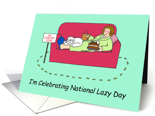 National Lazy Day August 10th Cartoon Lady on a Sofa Cake and Cat card