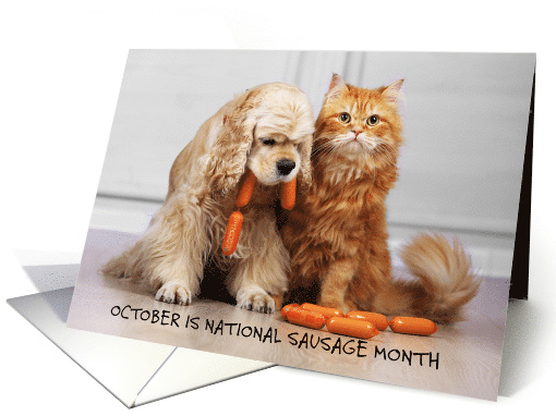 National Sausage Month October Cat and Dog Eating Sausages card