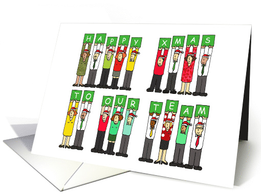 Happy Xmas to Our Team Group of Cartoon People Wearing Santa Hats card