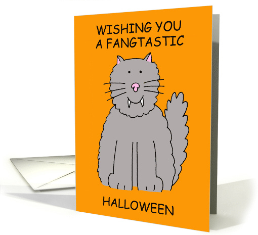 Happy Halloween Cute Cartoon Grey Cat with Fangs card (1501192)