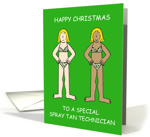 Happy Christmas Spray Tan Technician Festive Cartoon Ladies card