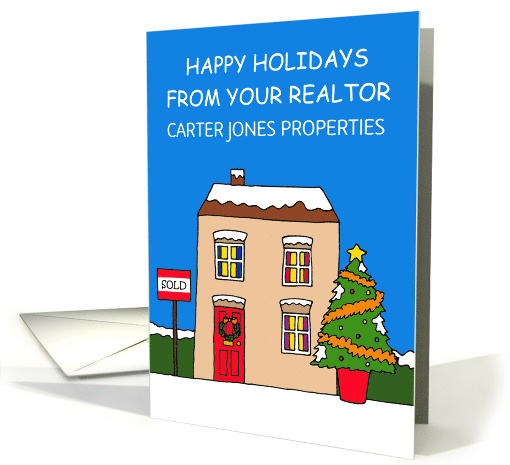 Happy Holidays from Realtor Cartoon Festive House with Sold Sign card