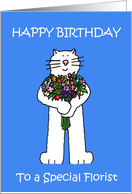 Happy Birthday Florist Cute White Cartoon Cat with a Bouquet card