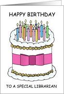 Happy Birthday Librarian Cartoon Cake and Lit Candles card