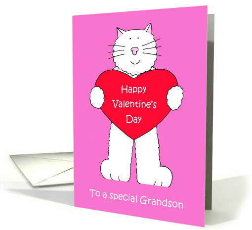 Valentine for Grandson Cartoon White Kitten Holding Giant Heart card