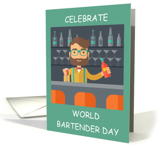 World Bartender Day February 24th Cartoon Hipster Barman card