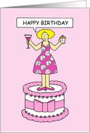 Happy Birthday Bunco Buddy Lady in a Dice Dress Standing on a Cake card