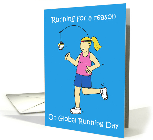 Global Running Day June Cartoon Lady Running for Cake Humor card