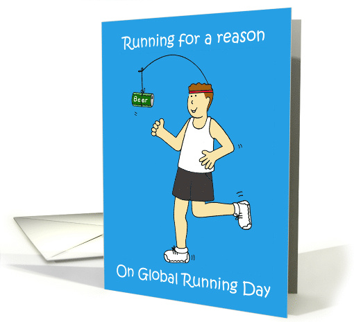 Global Running Day June Cartoon Man Running for Beer card (1529014)