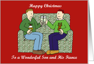 Happy Christmas Son and His Fiance Couple on Festive Sofa with Drinks card