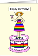 Happy Birthday to Lesbian Wife Cartoon Lady in Rainbow Dress card