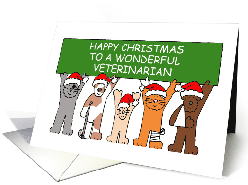 Happy Christmas to Veterinarian Cartoon Pets Wearing Santa Hats card