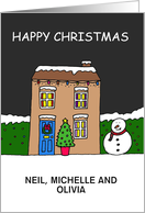 Happy Christmas Cute Cartoon House to Customize Any Names card
