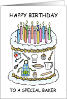 Baker Happy Birthday Cartoon Decorated Cake and Candles card